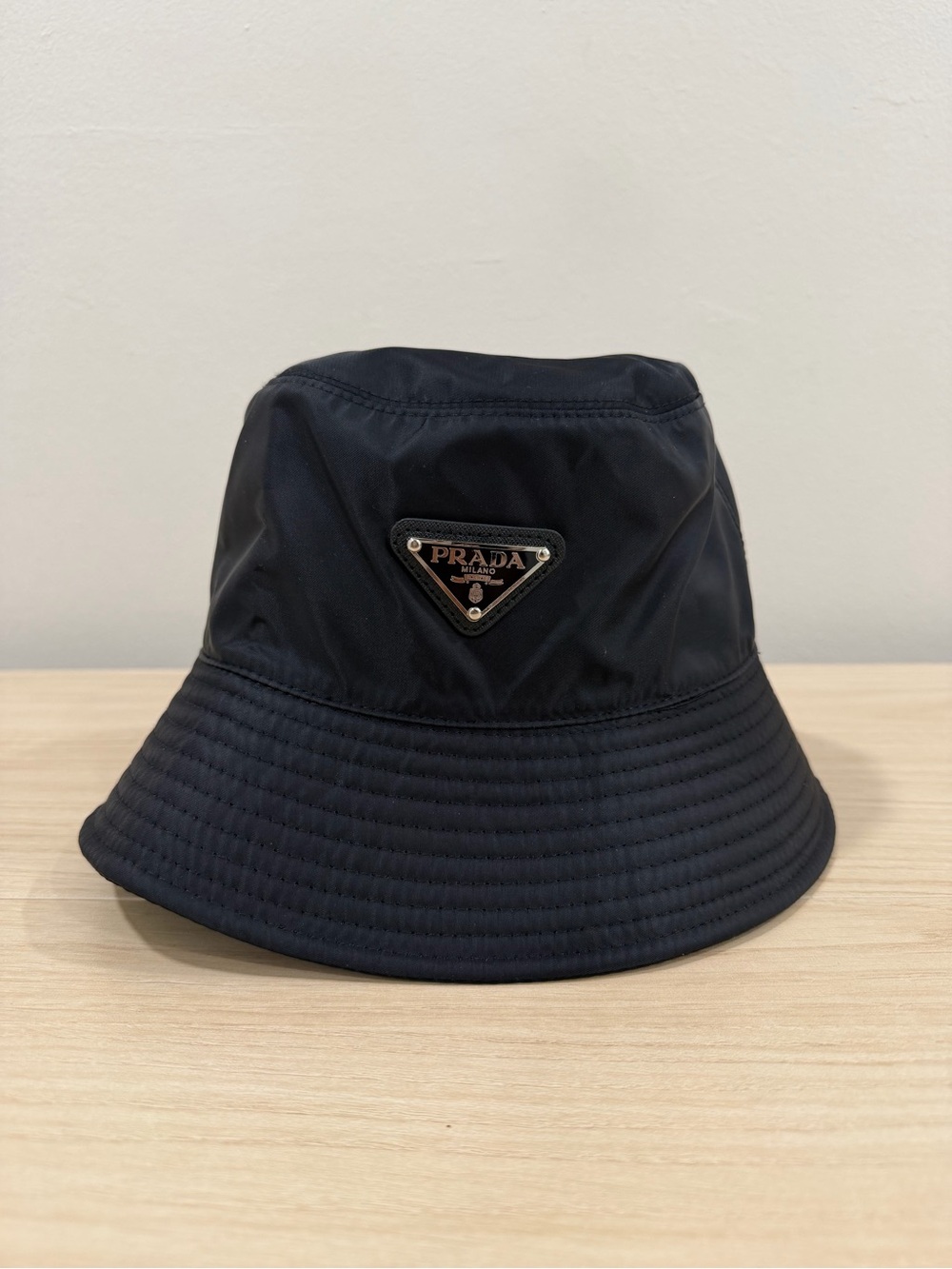Prada Black Nylon Bucket Hat with Logo Medium